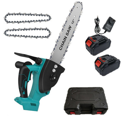 Chain saw with battery, charger, and case on a white background