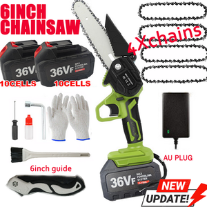 6-inch chainsaw set with batteries, chains, gloves, and accessories on a white background