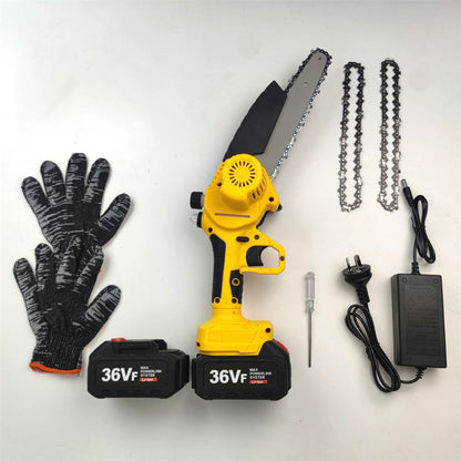 Yellow cordless chainsaw with battery, gloves, chain, and charger on a white background
