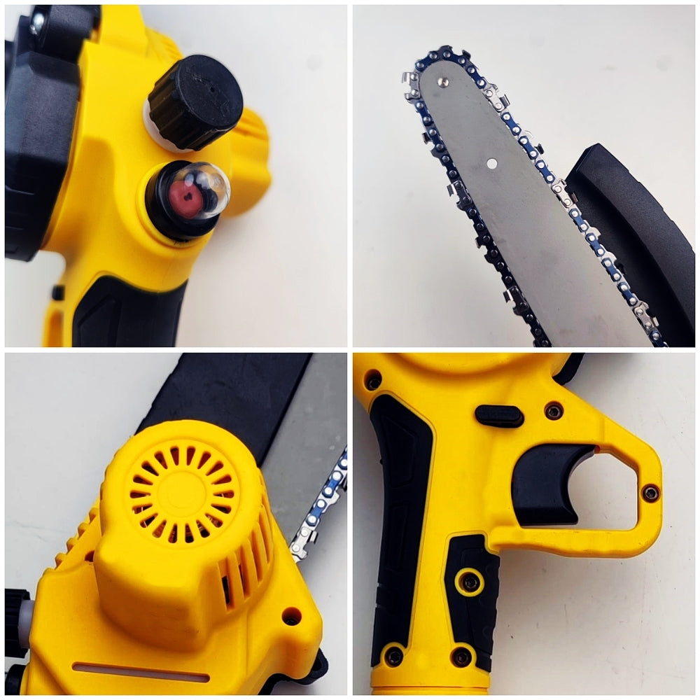 Collage of a yellow chainsaw showing different parts on a white background