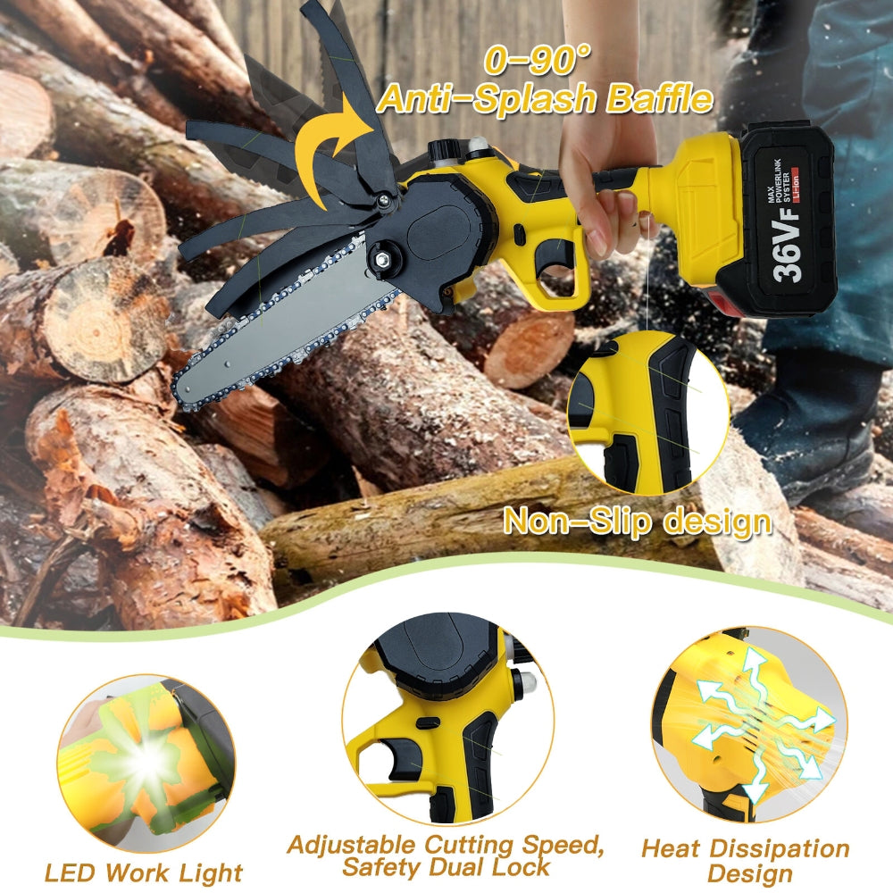 Electric pruning saw with features highlighted on a background of stacked logs.