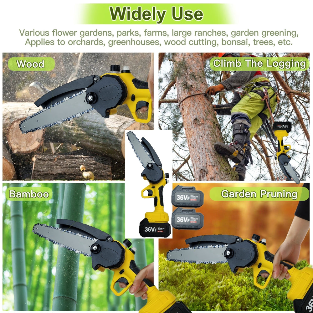 Portable chainsaw with various uses including wood cutting, climbing logging, garden pruning, and bamboo trimming.