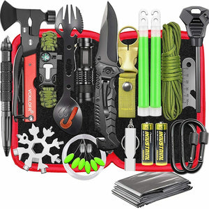 An array of emergency survival tools including a tactical pen, knife, flashlight, and various other equipment arranged neatly against a red background.