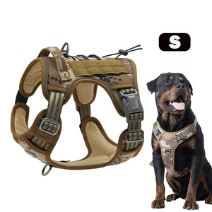 Tactical dog harness with digital camouflage pattern on a white background, featuring a small dog model wearing the harness.