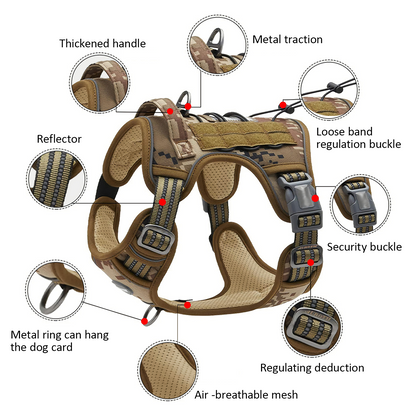 Tactical dog harness with various features highlighted on a white background