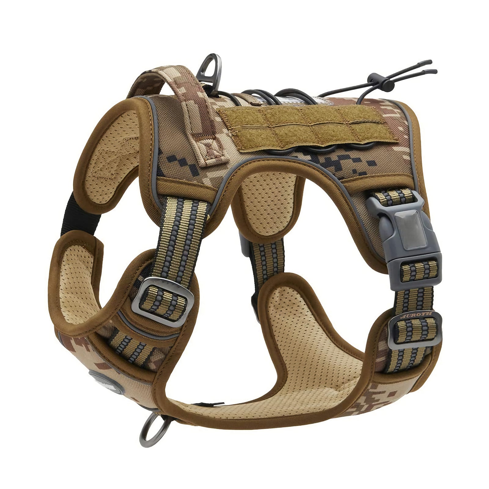 Tactical dog harness with camouflage pattern on a white background