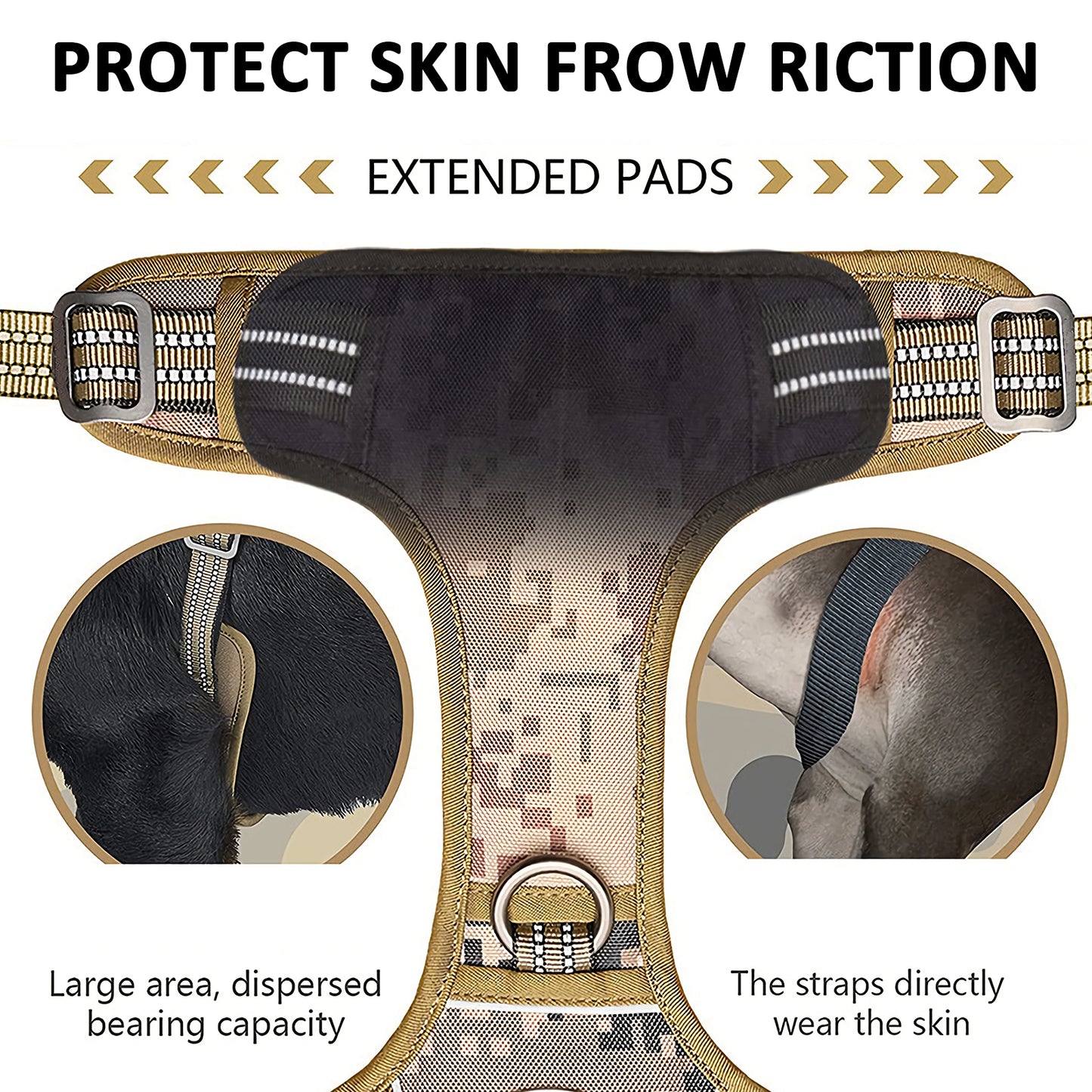 Dog harness with extended pads for skin protection, featuring text and close-up views.