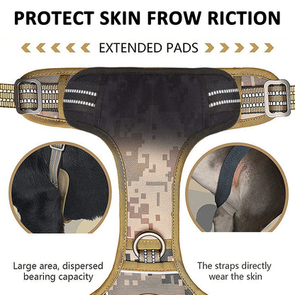 Dog harness with extended pads for skin protection, featuring text and close-up views.