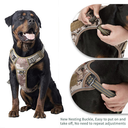 Dog wearing a camouflage harness with nesting buckle feature, shown on a white background.