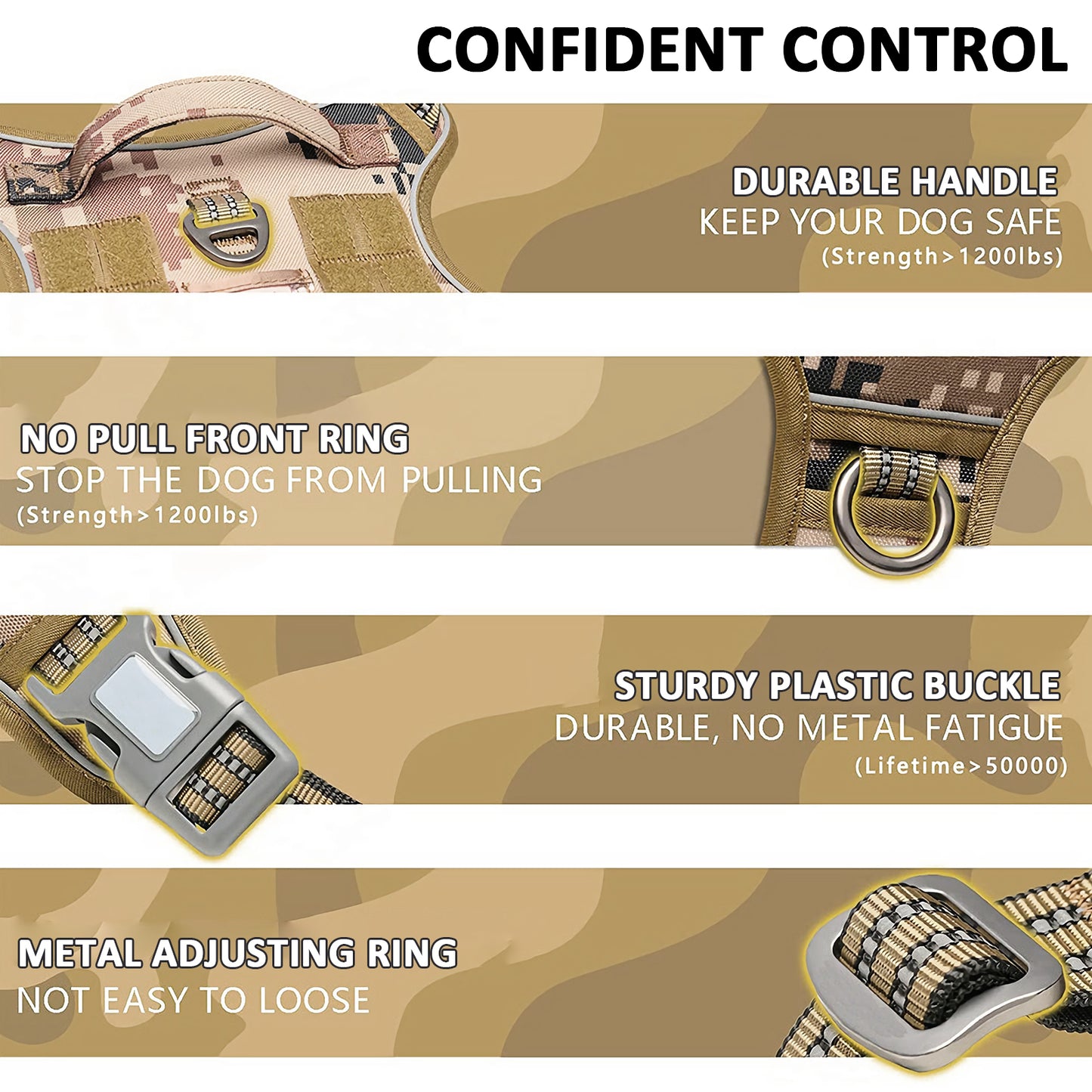 Dog leash with features highlighted on a camouflage background