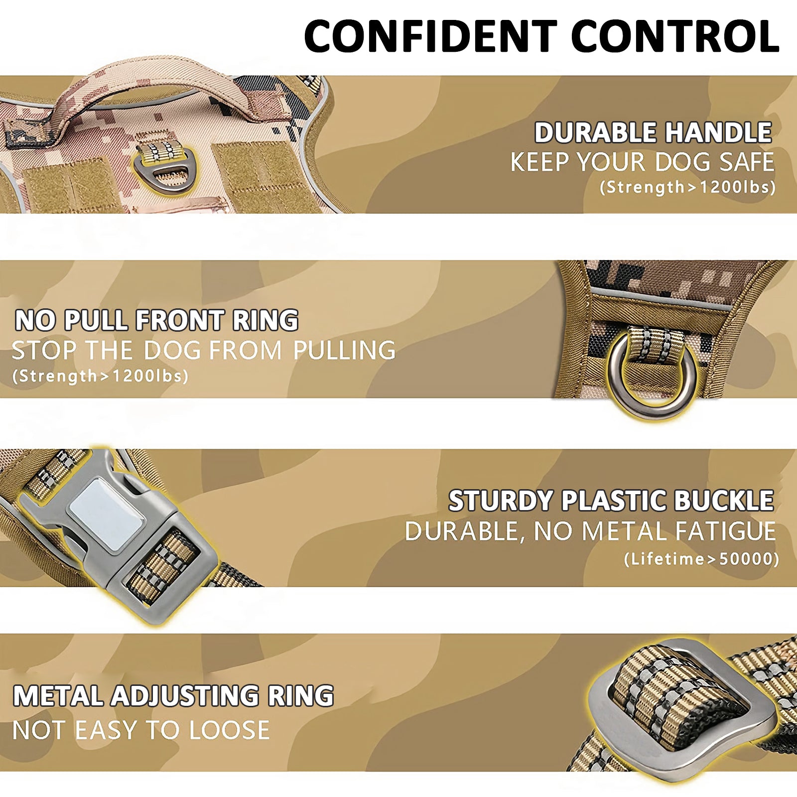 Dog leash with features highlighted on a camouflage background