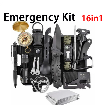 An array of outdoor emergency gear including a tactical compass, flashlight, knife, and other survival tools arranged neatly against a black background.