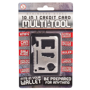 Packaged credit card multi-tool with various tools such as knife, can opener, screwdriver, ruler, bottle opener, saw blade, and wrenches, labeled as stainless steel and fitting in a wallet.
