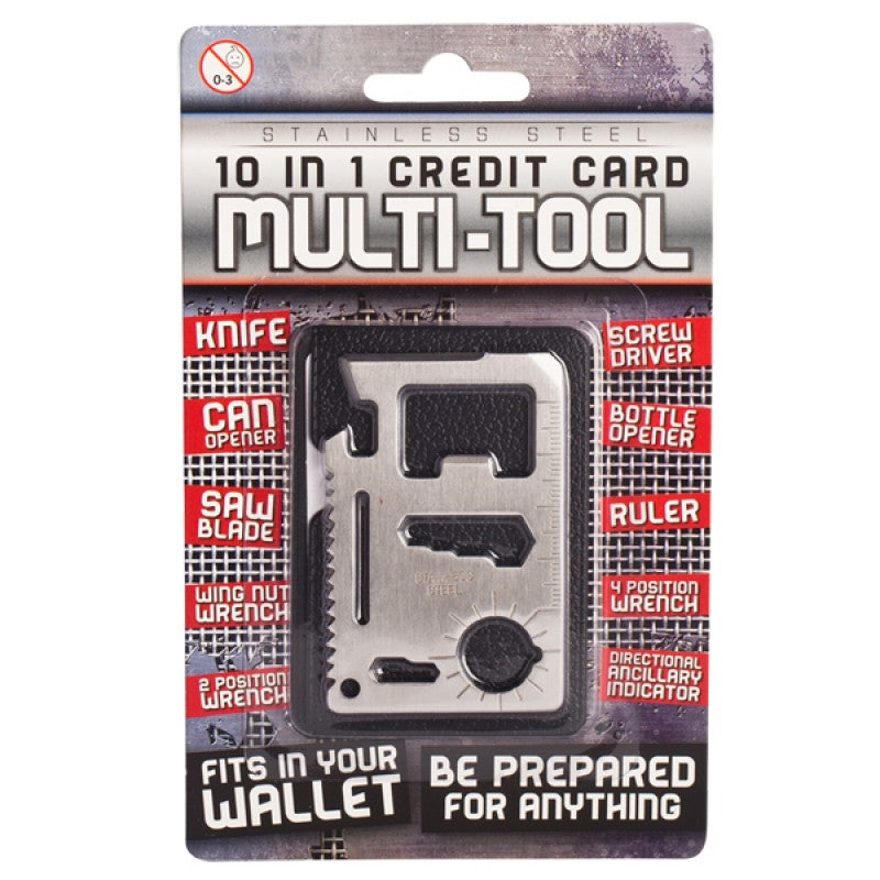 Packaged credit card multi-tool with various tools such as knife, can opener, screwdriver, ruler, bottle opener, saw blade, and wrenches, labeled as stainless steel and fitting in a wallet.
