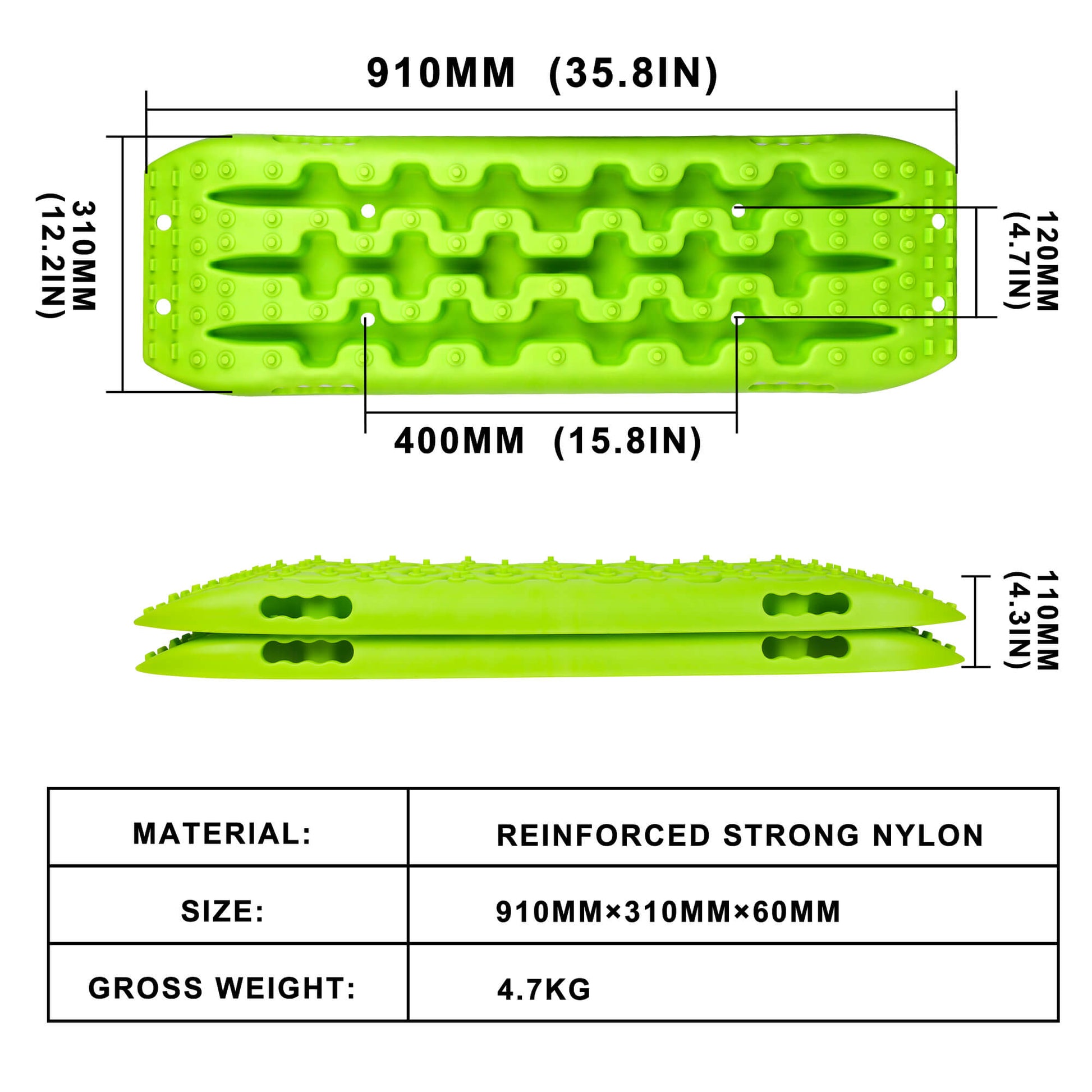 Green foam roller with dimensions and material details on a white background