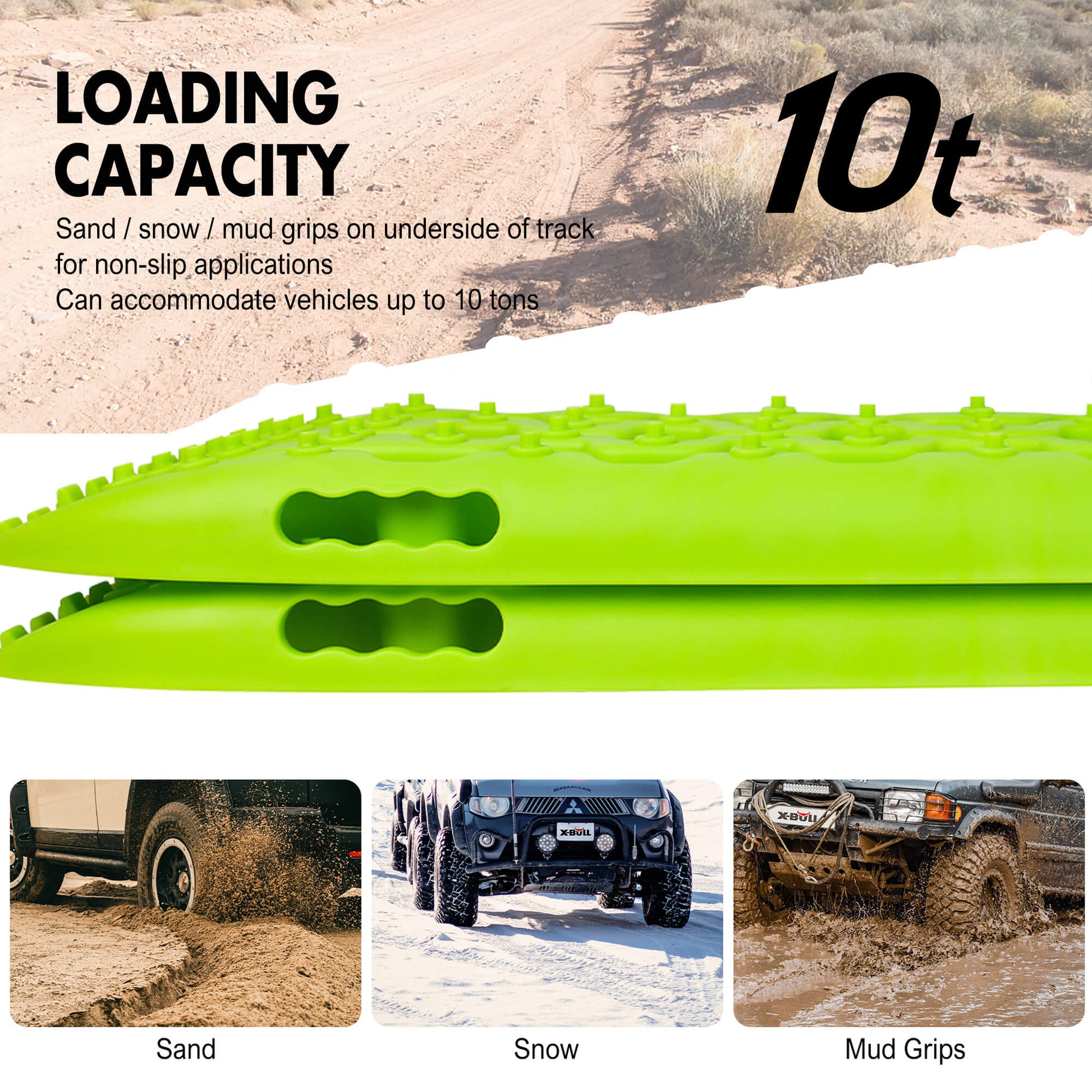Green vehicle track with text about loading capacity and application scenarios on a sandy, snowy, and muddy surface.