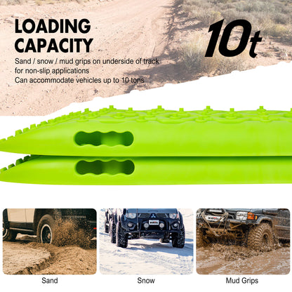 Green vehicle track with text about loading capacity and application scenarios on a sandy, snowy, and muddy surface.