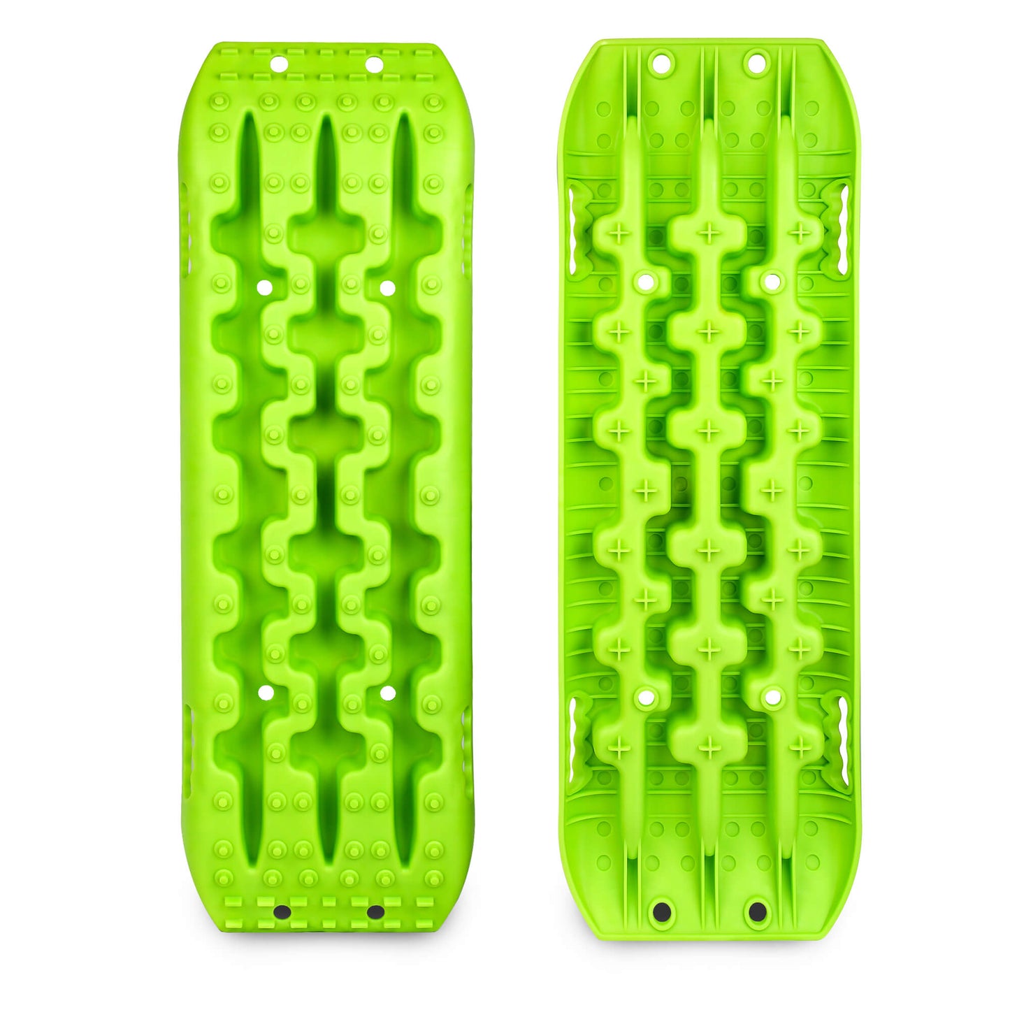 Two green ice cube trays with unique patterns on a white background