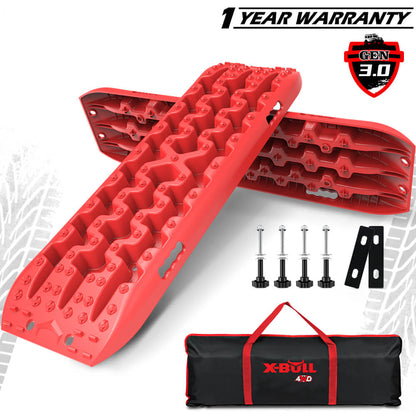 X-BULL recovery tracks in red color with mounting hardware, displayed alongside a black carrying tote with the X-BULL logo.
