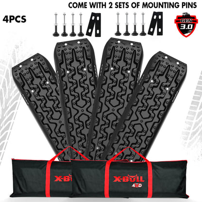 X-BULL Recovery tracks in black color with mounting bolts and pins, displayed alongside a carrying tote.