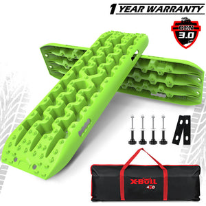 X-BULL 2PCS Recovery Tracks in green color with mounting bolts, displayed with a new tote bag.