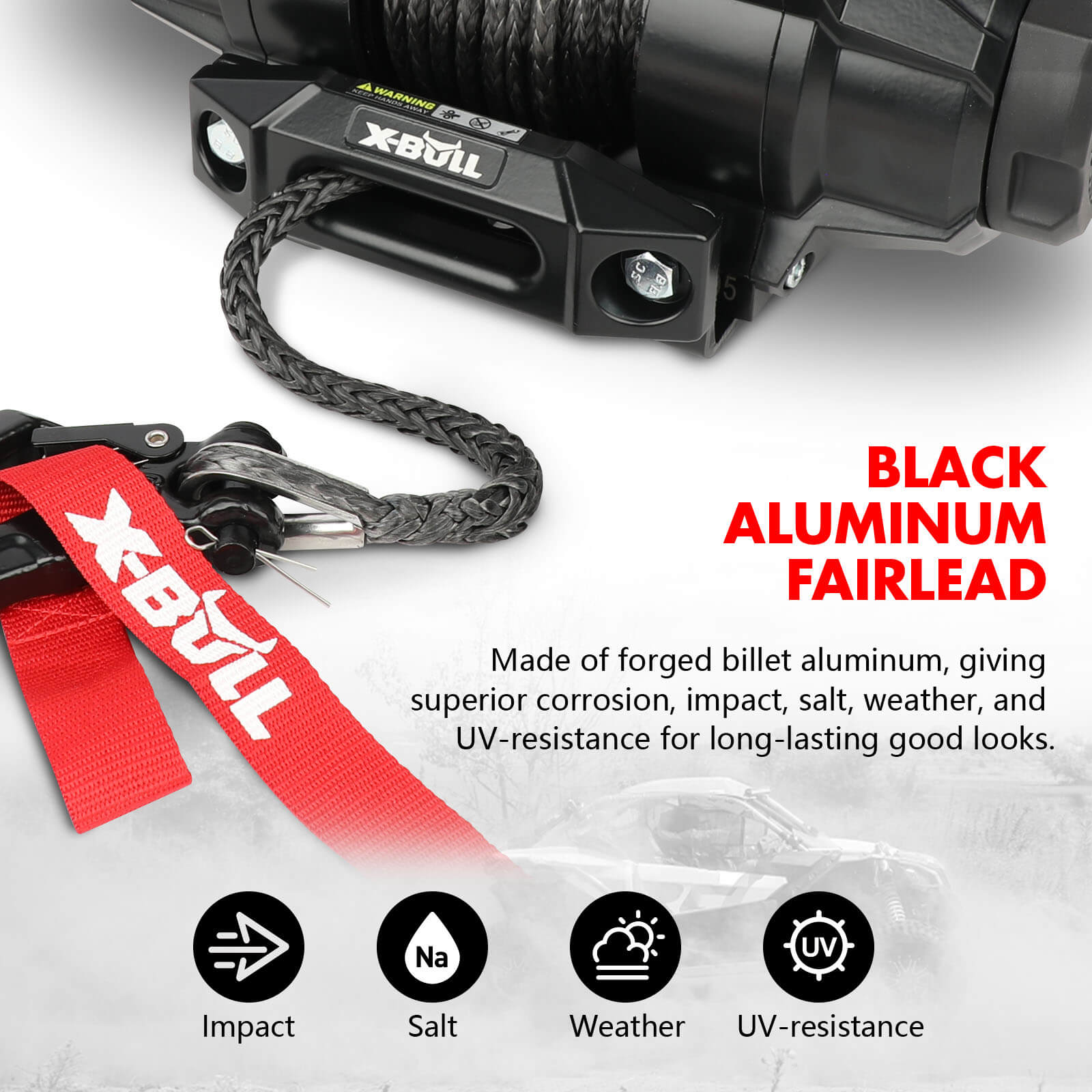 X-BULL black aluminum fairlead with red strap on a white background