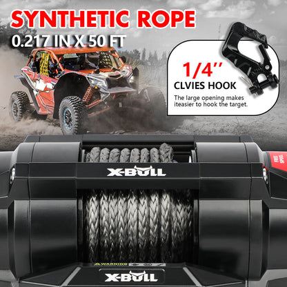 X-BULL winch with synthetic rope and CLVIES hook on an off-road vehicle background