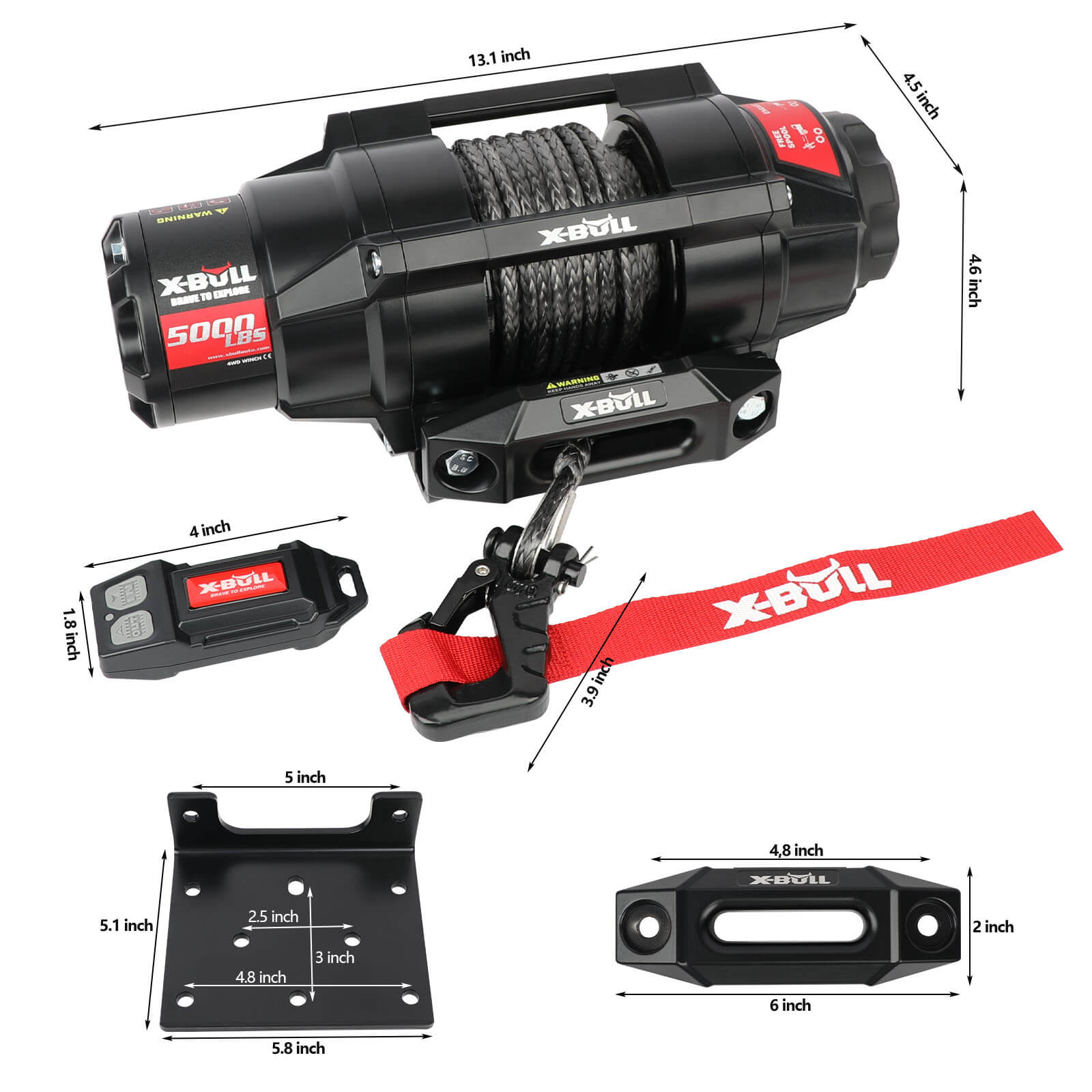 X-Bull winch with dimensions and accessories on a white background