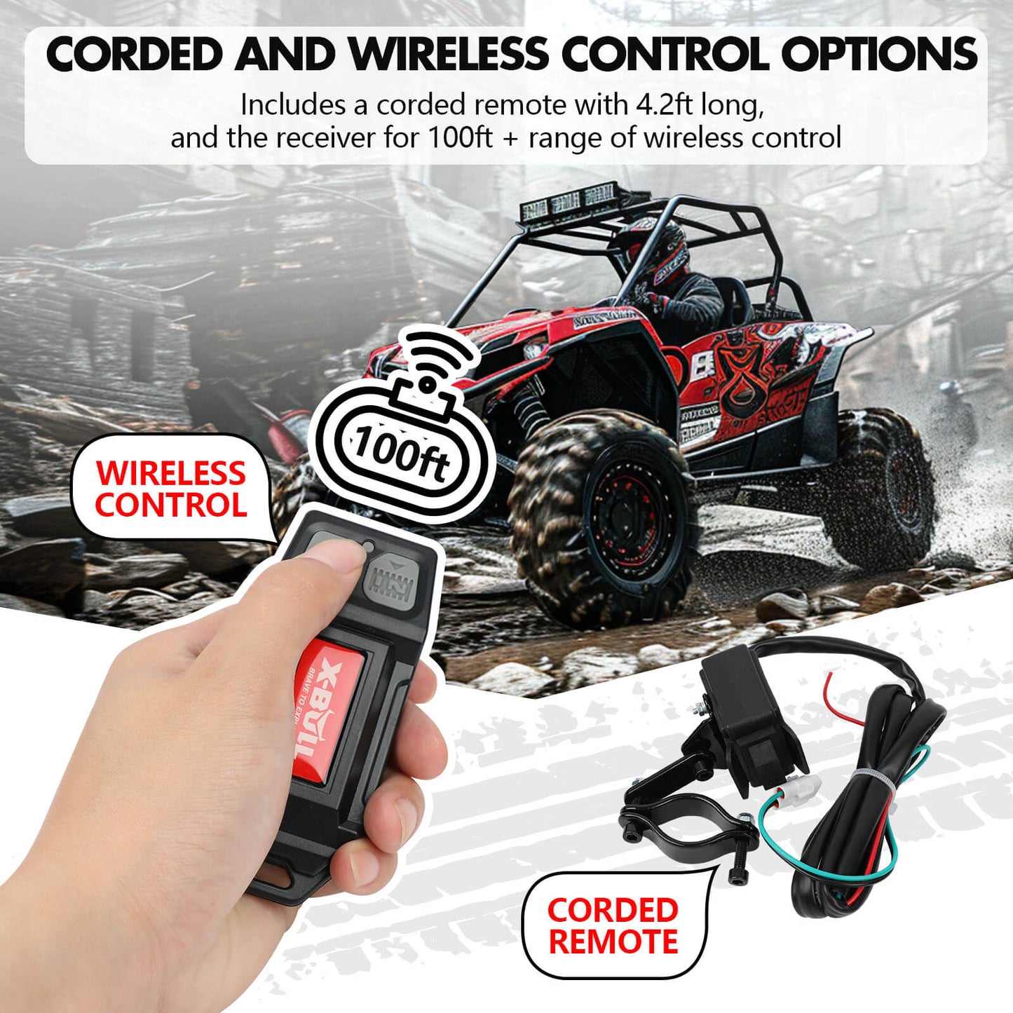 Hand holding a remote control with text about corded and wireless control options, displayed against a blurred background of an off-road vehicle.