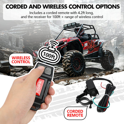 Hand holding a remote control with text about corded and wireless control options, displayed against a blurred background of an off-road vehicle.