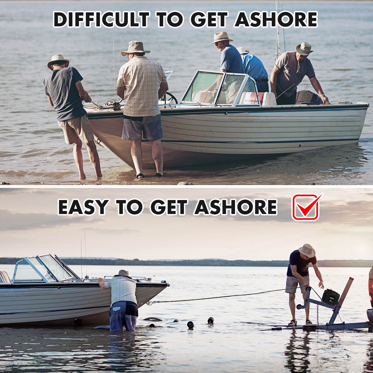 Two scenarios showing people getting ashore with a boat, one labeled 'Difficult to Get Ashore' and the other 'Easy to Get Ashore'.