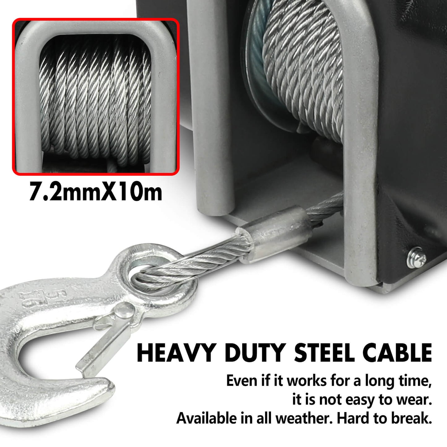 Close-up of a winch with heavy-duty steel cable and a hook, emphasizing durability.