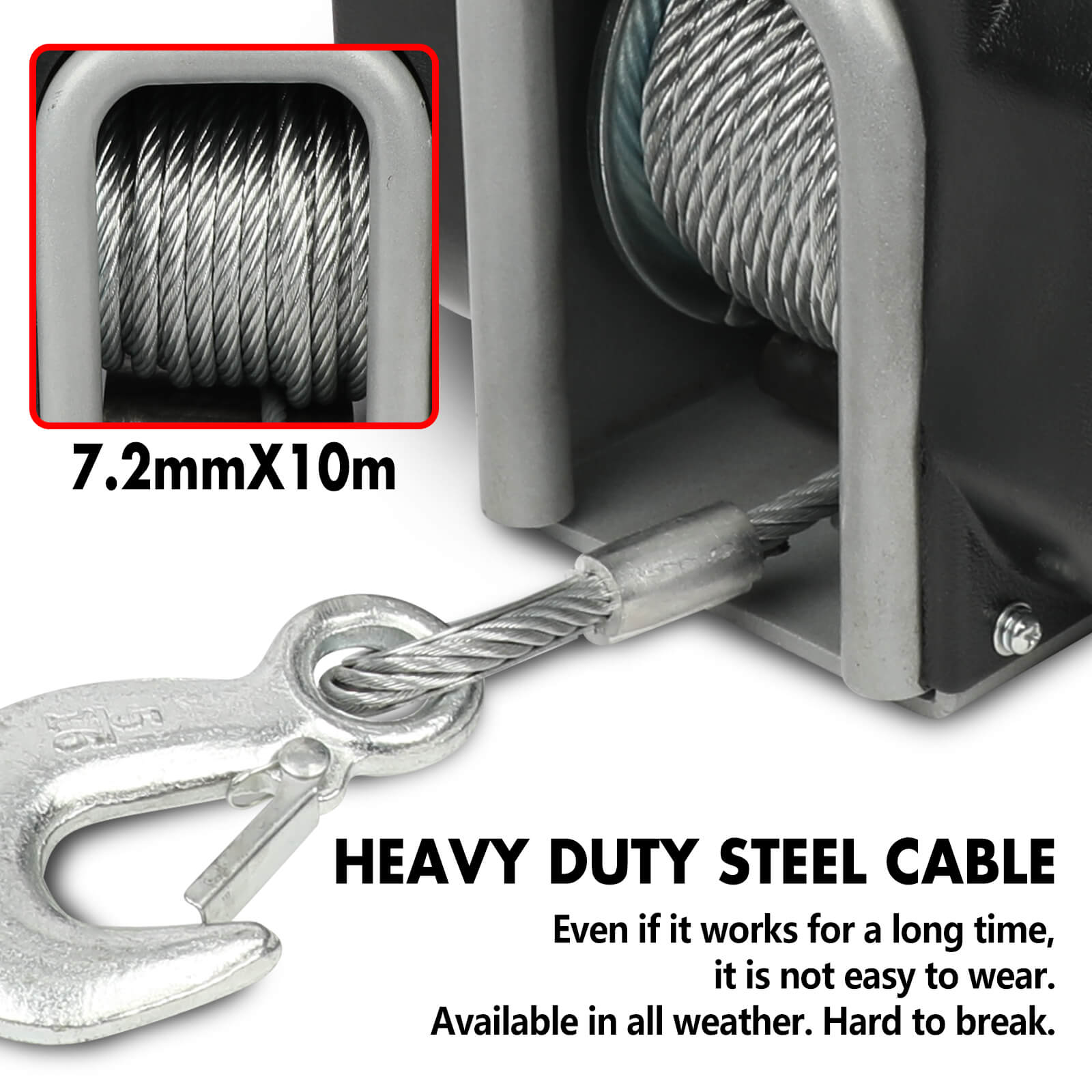 Close-up of a winch with heavy-duty steel cable and a hook, emphasizing durability.