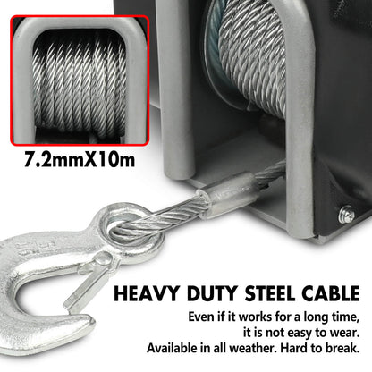 Close-up of a winch with heavy-duty steel cable and a hook, emphasizing durability.