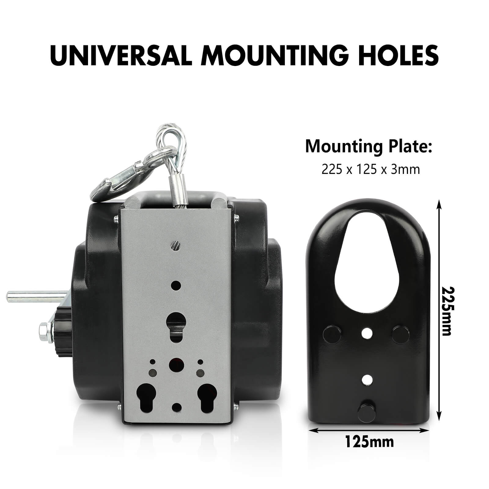 Black mounting plate with universal mounting holes and dimensions on a white background