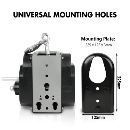 Black mounting plate with universal mounting holes and dimensions on a white background