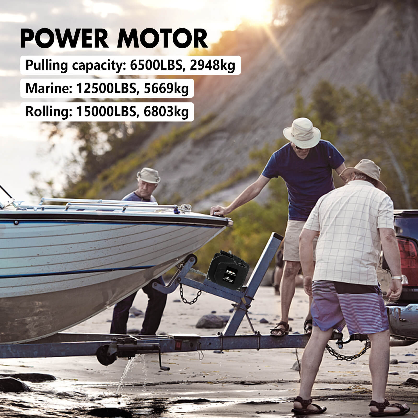 Three men loading a boat onto a trailer with power motor specifications displayed.