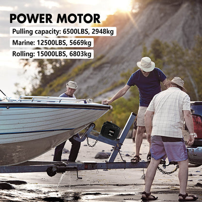 Three men loading a boat onto a trailer with power motor specifications displayed.