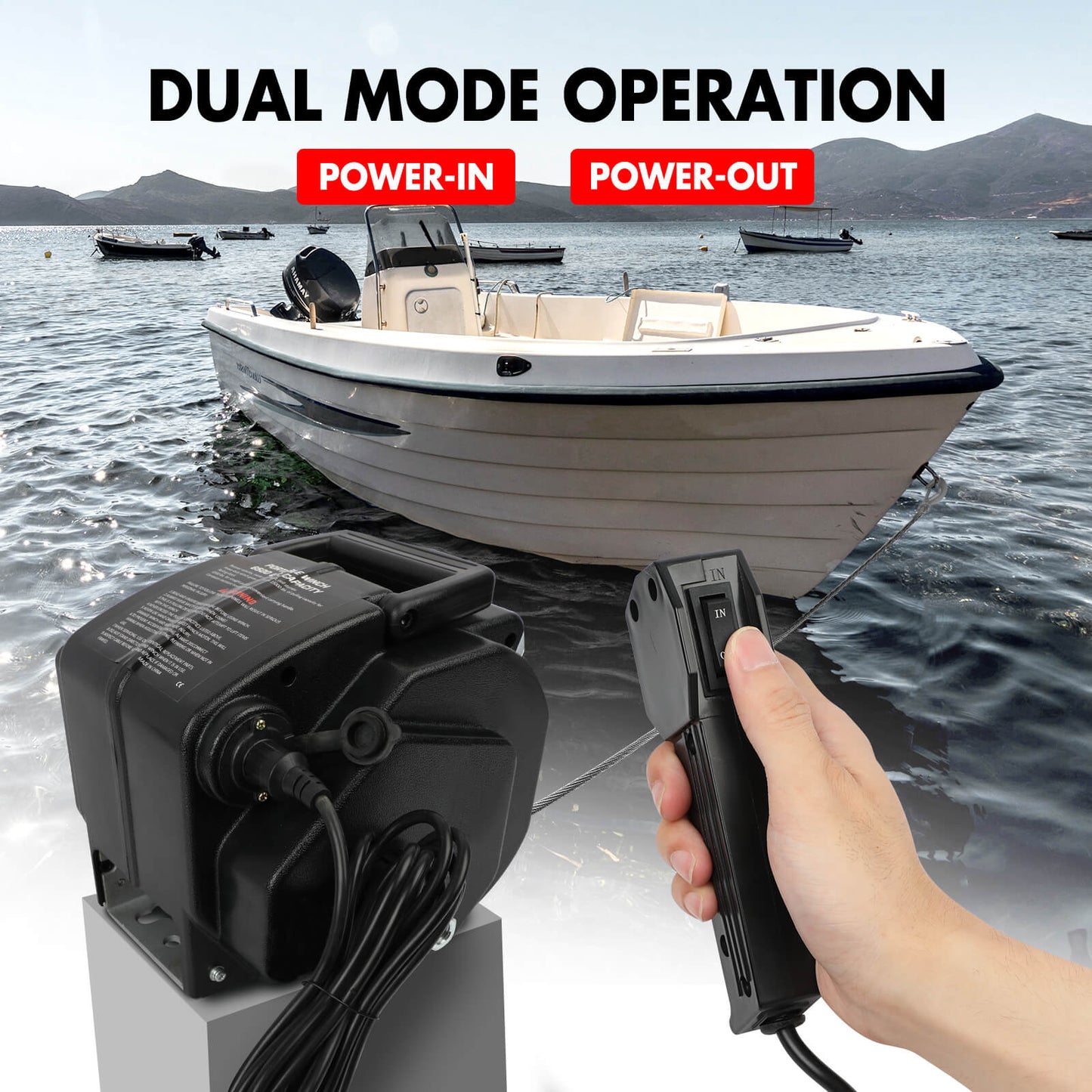 Boat on water with power-in and power-out devices, dual mode operation text.