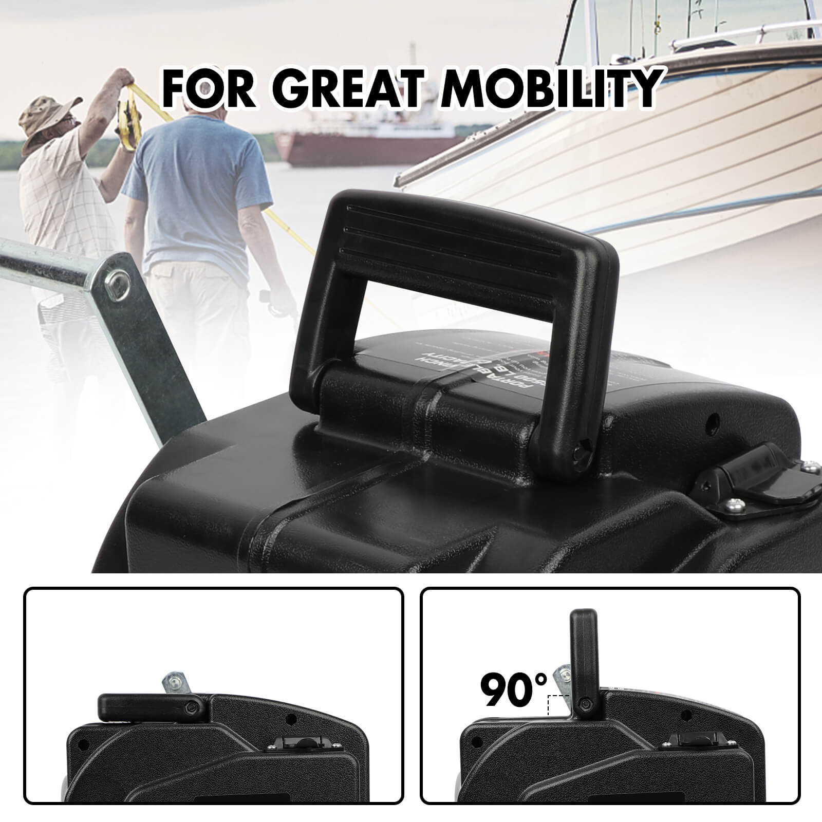 Black suitcase with handle and wheels, shown with people and boats in the background.