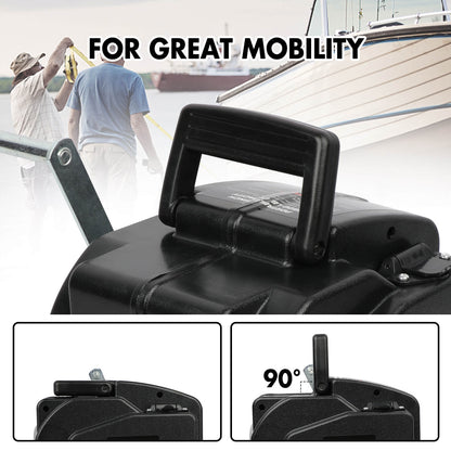 Black suitcase with handle and wheels, shown with people and boats in the background.