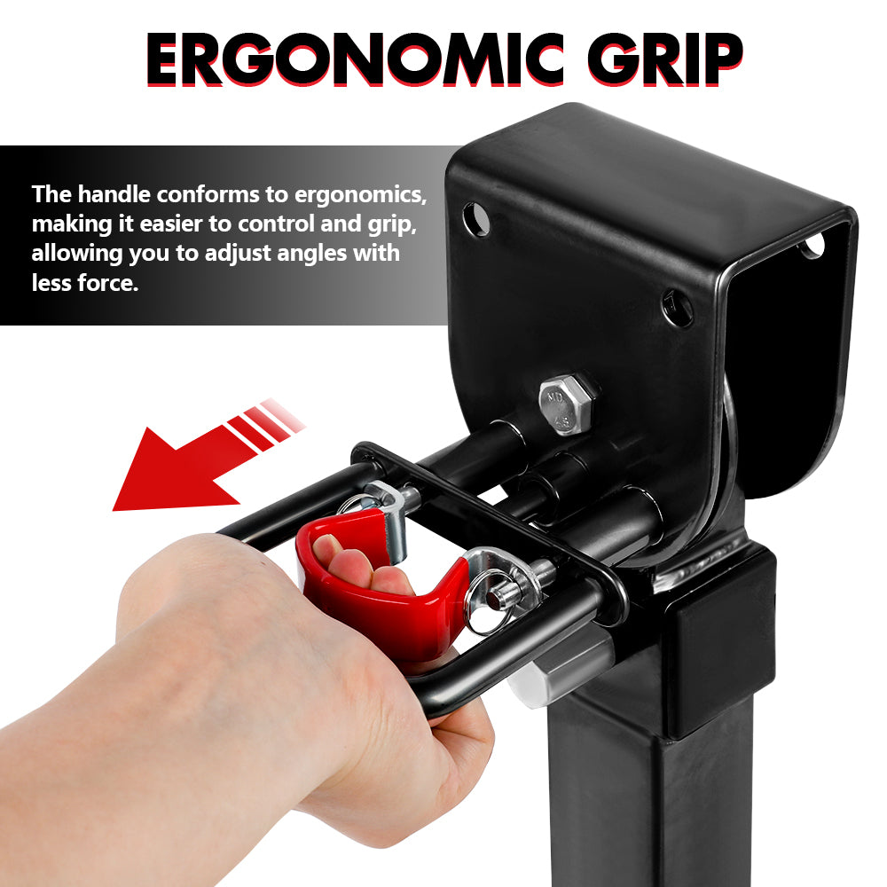 Ergonomic grip handle with hand holding it, text explaining ergonomic benefits.