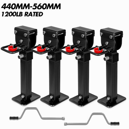 Four black jack stands with red accents and a tool on a white background