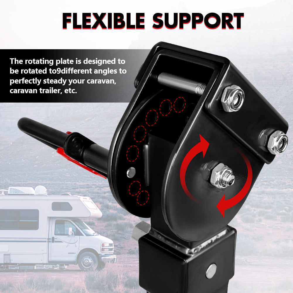 Black flexible support system with rotating plate for caravan stability, featuring text on a blurred background.