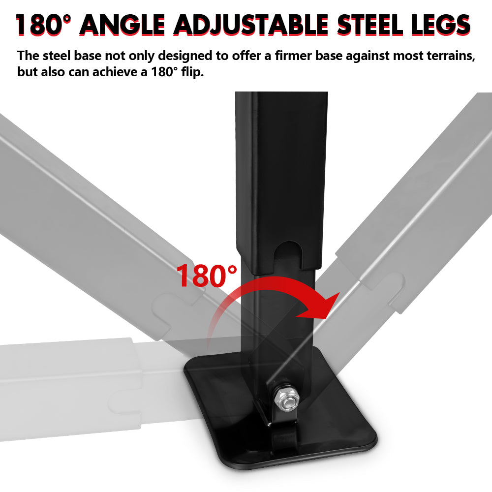 180-degree angle adjustable steel legs with text on a white background