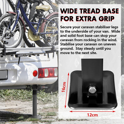 Caravan stabilizer leg with wide tread base and text explaining its use.