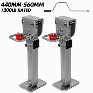 Two metal jack stands with red cups and a lever on a white background, labeled with size range and weight capacity.