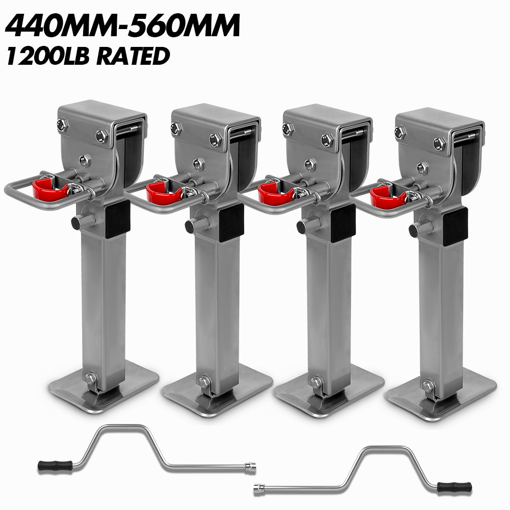 Four metal dock lifters with red wheels and a handle on a white background.