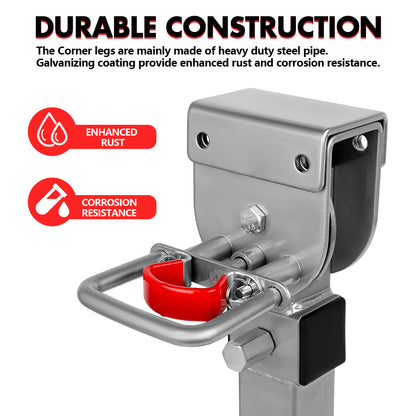 Metal corner leg with red accent and text about durable construction on a white background