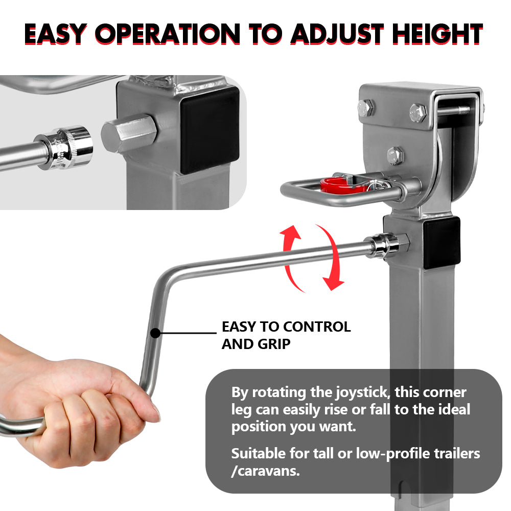 Adjustable corner leg system with joystick control for height adjustment, suitable for trailers or caravans.
